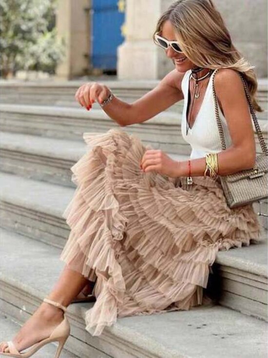 Tulle Skirt Women Skirt Vintage Elegant Petite Puffy Mesh Skirt Spring - Picture 8 of 10